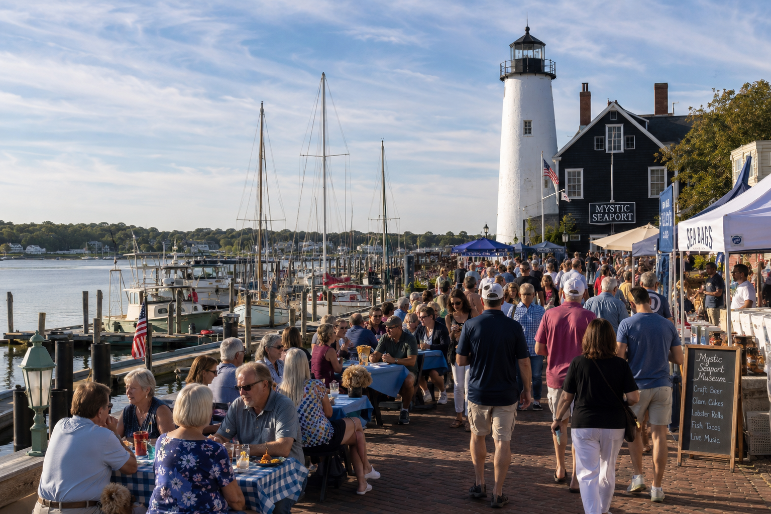 Late summer waterfront festival and community gathering in coastal New England